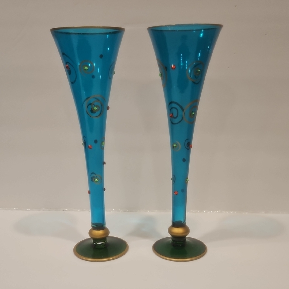Elegant Blue Glass Vases with Gold Accents